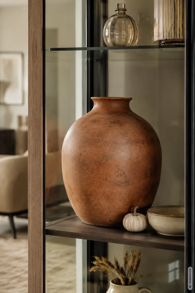 Herbstdeko für die Vitrine mit warmen Farben, Keramik, Glas und natürlicher, ruhiger Gestaltung.