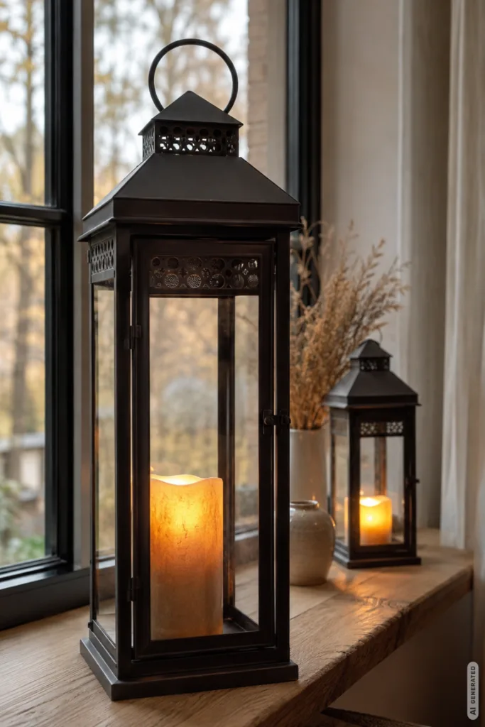 Herbstdeko für große Fenster – 5 Ideen für gemütliche Räume Herbstdeko für große Fenster mit schwarzen Laternen, Kerzenlicht und Holzfensterbank im warmen Tageslicht.