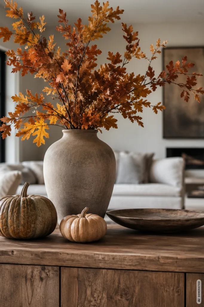 Herbstdeko für große Wohnzimmer mit großer Vase, Zweigen und Kürbissen auf rustikalem Sideboard.