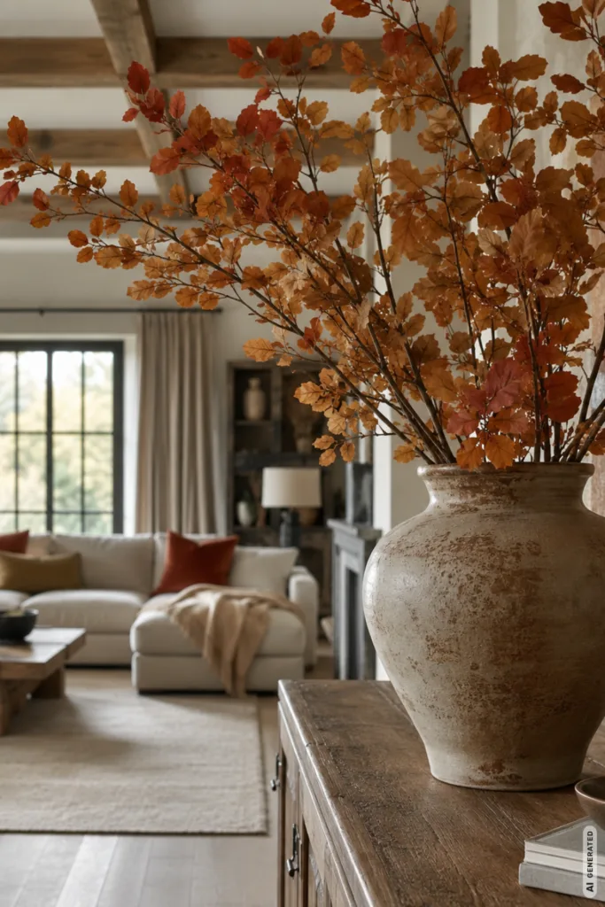 Herbstdeko für große Wohnzimmer mit warmen Farben, Vase mit Herbstzweigen und ruhigem Wohnbereich im Hintergrund.