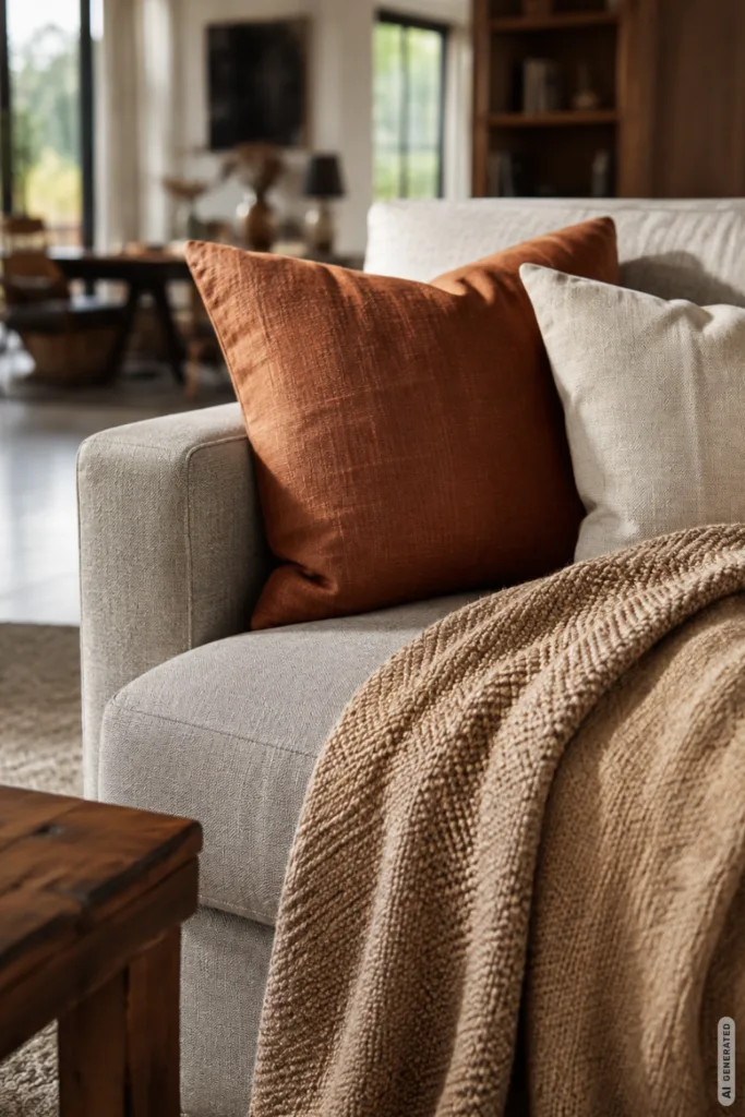Herbstdeko für große Wohnzimmer mit warmen Kissen und Kuscheldecke auf hellem Sofa.