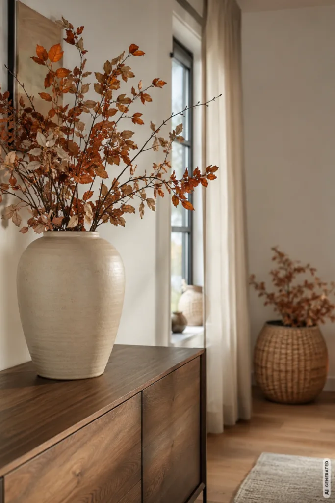 Herbstdeko für große Wohnzimmer mit Vase auf Sideboard, herbstlichen Zweigen und dekorierter Raumecke.