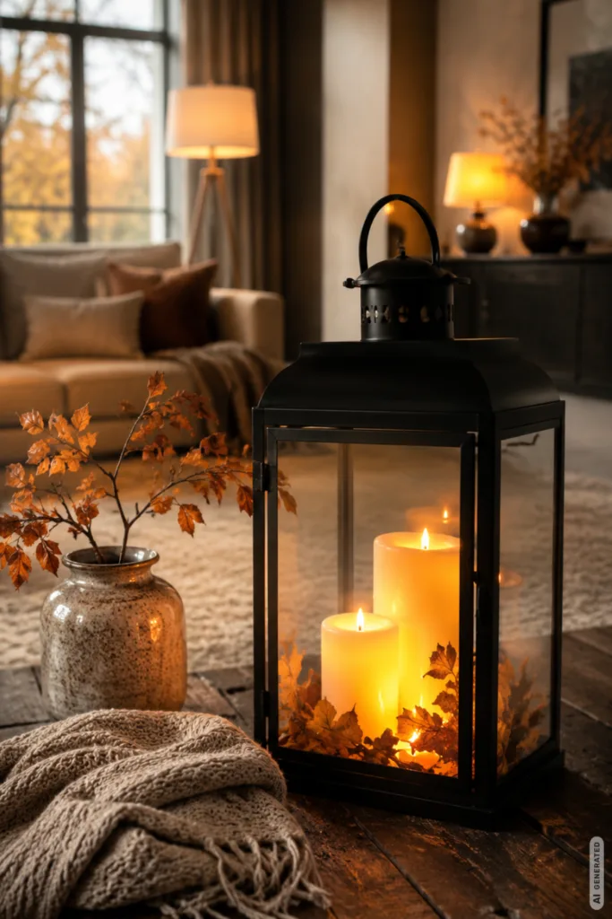 Herbstdeko für große Wohnzimmer mit Laterne, Kerzen und warmem Licht im herbstlich dekorierten Wohnbereich.