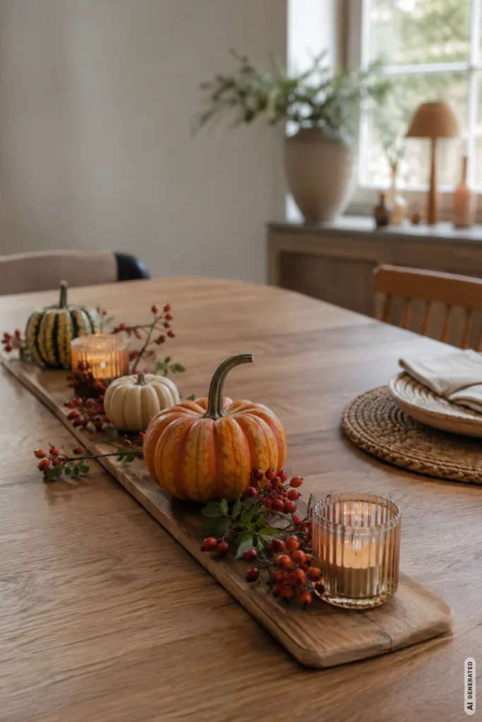 Herbstliche Tischdekoration auf dem Esstisch mit Holzbrett, Kürbissen, Kerzengläsern und roten Beeren.