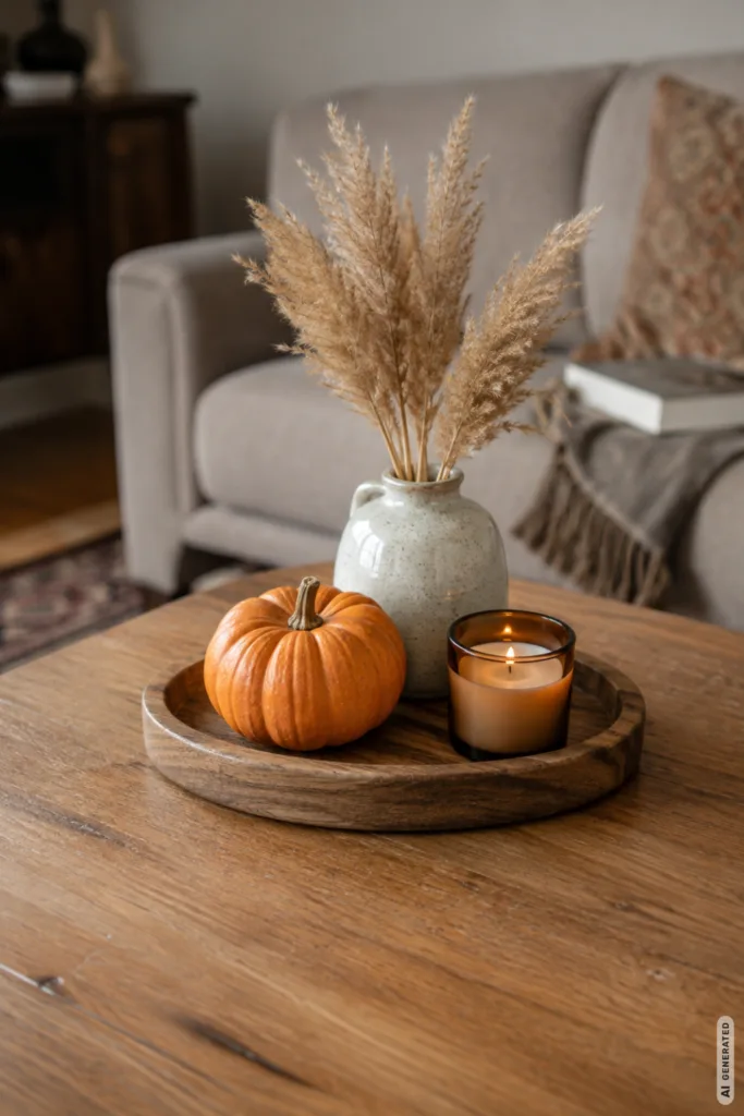 Herbstliche Tischdekoration auf dem Couchtisch mit Kürbis, Kerze und Vase auf Holztablett im Wohnzimmer.