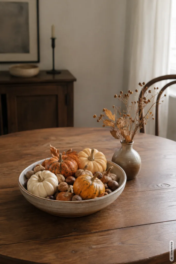 Herbstliche Tischdekoration auf rundem Holztisch mit Kürbissen, Nüssen und Vase im warmen Wohnraum.