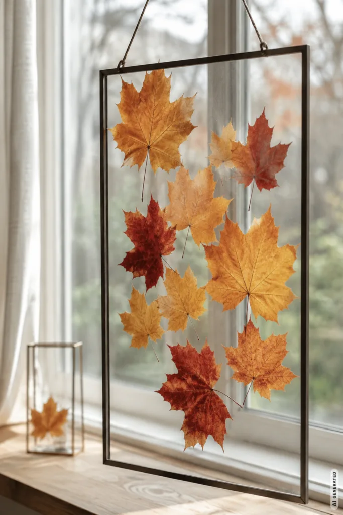 Herbstdeko für große Fenster – 5 Ideen für gemütliche Räume Herbstdeko für große Fenster mit gepressten Blättern im Glasrahmen, natürlich und lichtdurchlässig.