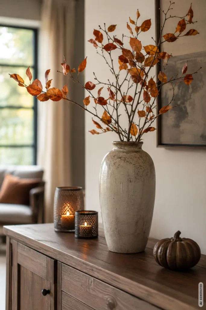 Herbstliche Tischdekoration auf einer Anrichte mit hoher Vase, Zweigen, Kerzenhaltern und kleinem Kürbis.