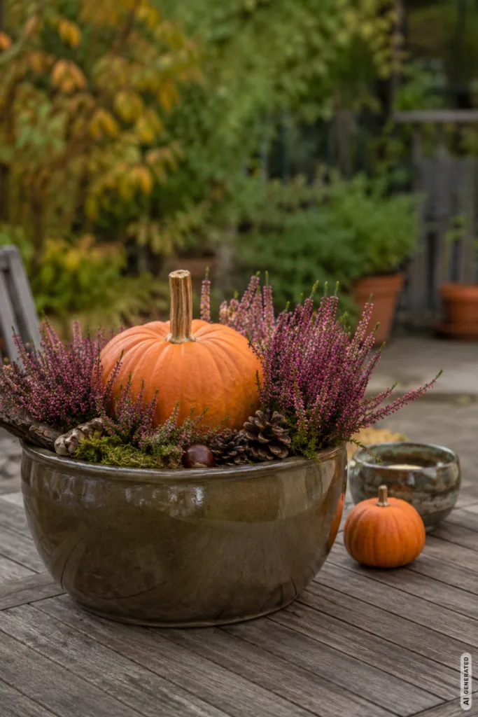 Herbstliche Kürbisdeko auf dem Terrassentisch mit Heide, Keramikschale und Naturmaterialien im Garten.