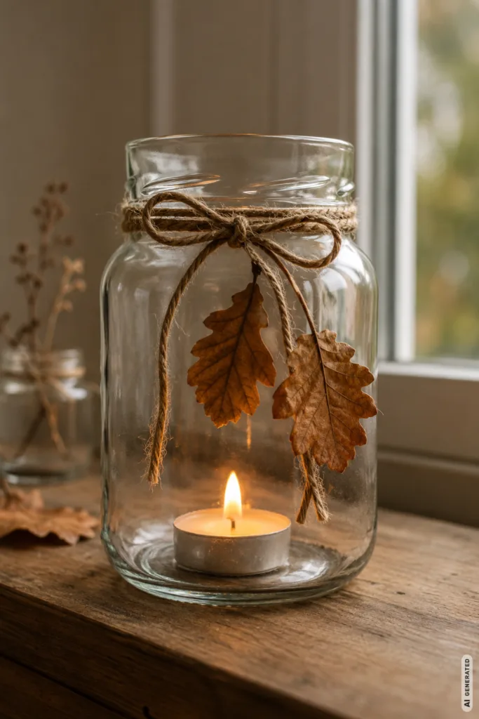 Herbstdeko selber machen: schlichtes Windlicht aus Glas mit Blättern und Kerze auf rustikaler Fensterbank.