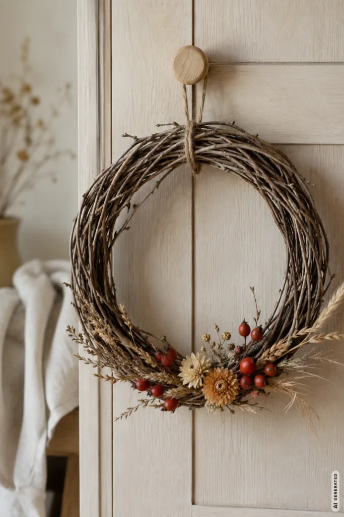 Herbstdeko selber machen mit kleinem Zweigkranz aus Naturmaterialien an hellem Holzschrank.