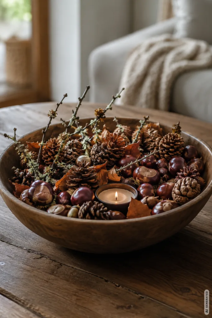 Herbstdeko selber machen: Herbstschale mit Kastanien, Zapfen, Blättern und Kerze auf Holztisch.
