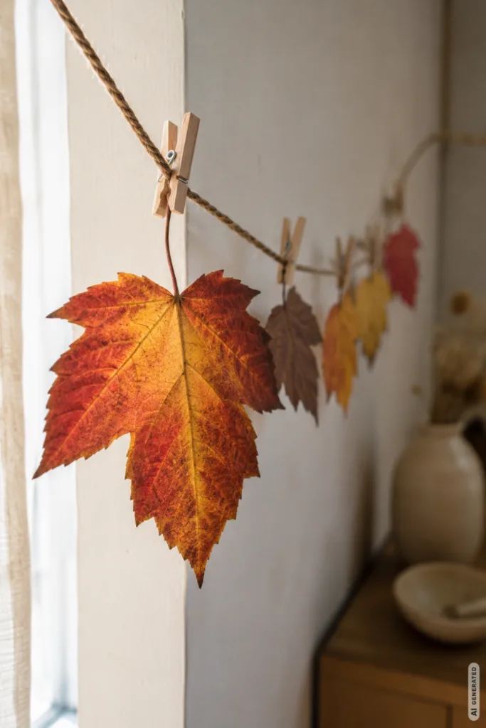 Herbstdeko selber machen mit Blättergirlande am Fenster aus gepressten Herbstblättern und Holzklammern.