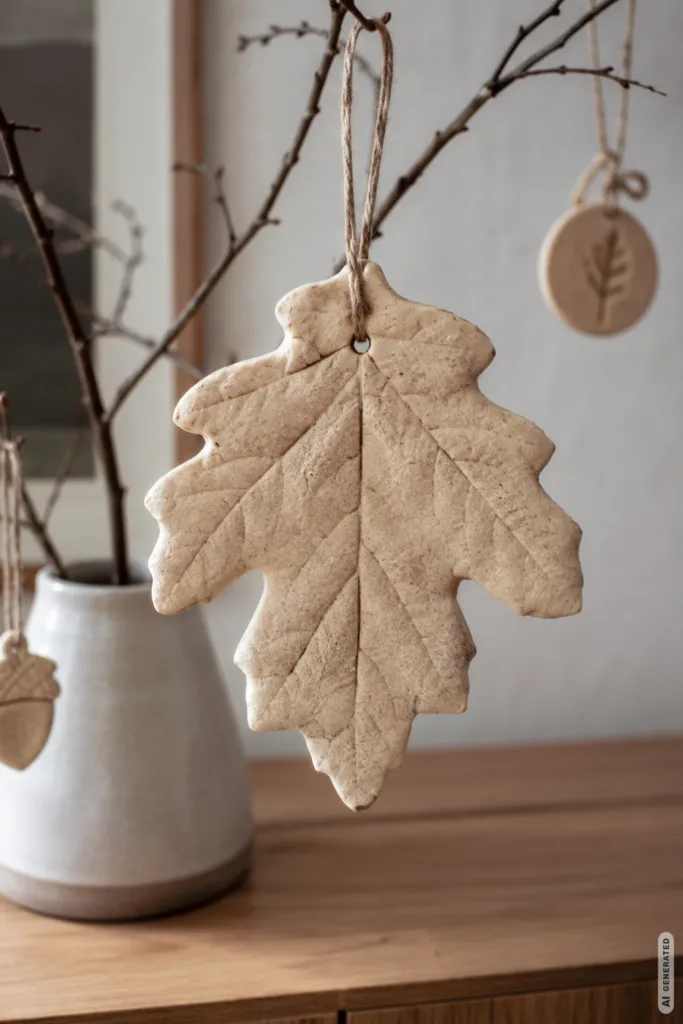 Salzteig-Blattanhänger an Zweigen als natürliche Herbstdeko zum Selbermachen im Wohnraum.