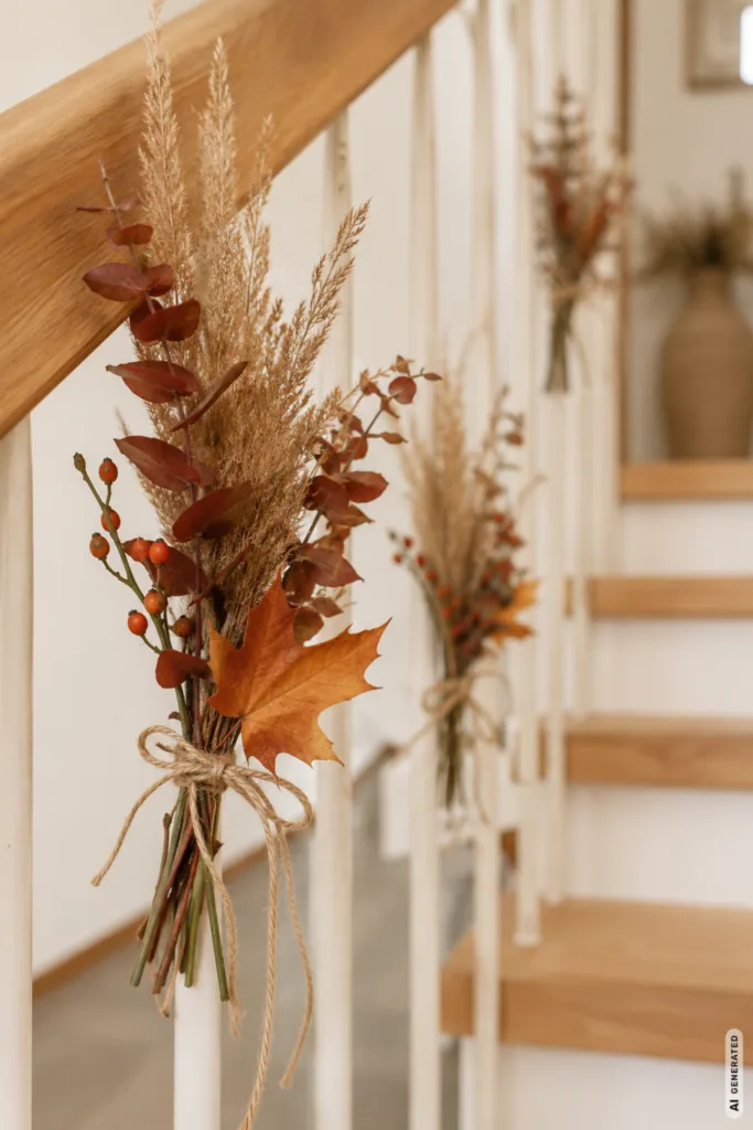 Herbstdeko fürs Treppengeländer mit kleinen Sträußen aus Gräsern, Herbstlaub und Beeren.