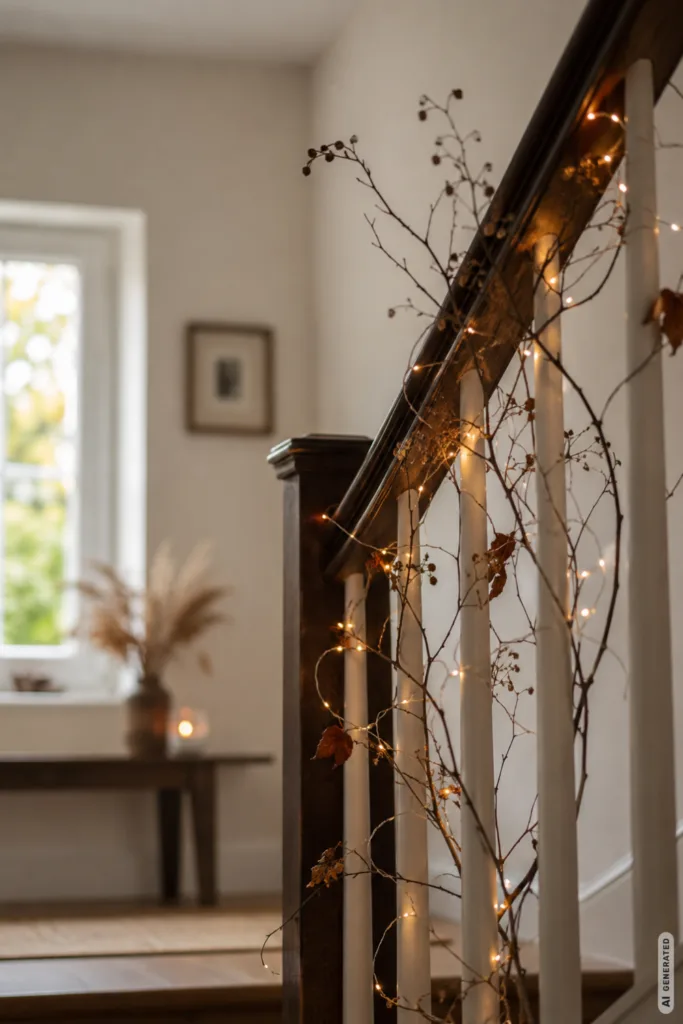 Herbstdeko fürs Treppengeländer mit feiner Lichterkette, Zweigen und warmem Licht im hellen Flur.