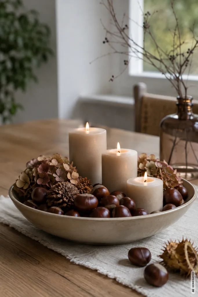 Herbstdeko mit Kastanien in einer Keramikschale mit Kerzen, Zapfen und getrockneten Blüten.