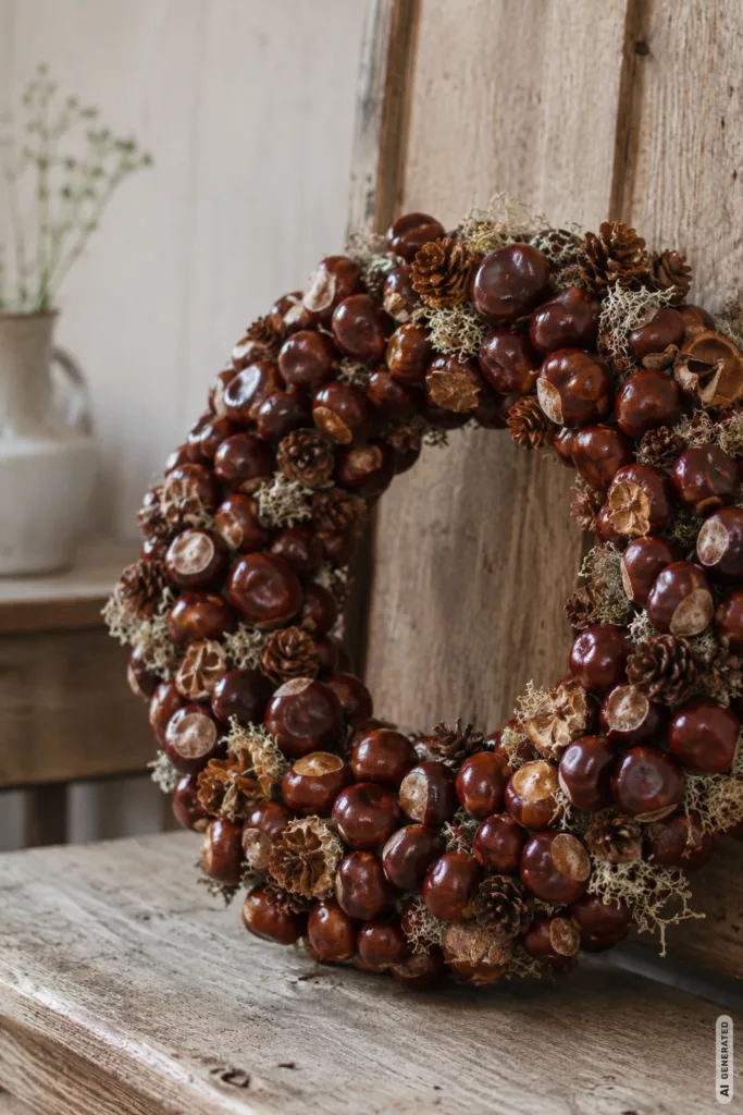 Herbstdeko mit Kastanien: Dekorativer Kastanienkranz mit natürlichen Materialien auf rustikalem Holz.