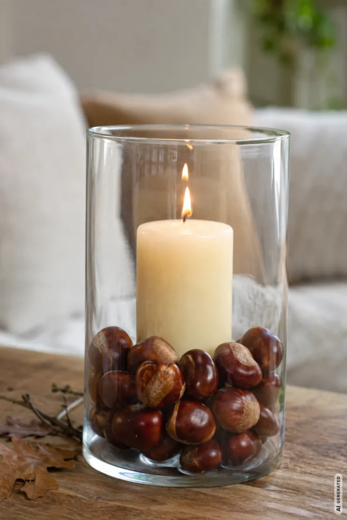 Herbstdeko mit Kastanien im Glas mit Kerze auf einem Holztisch.