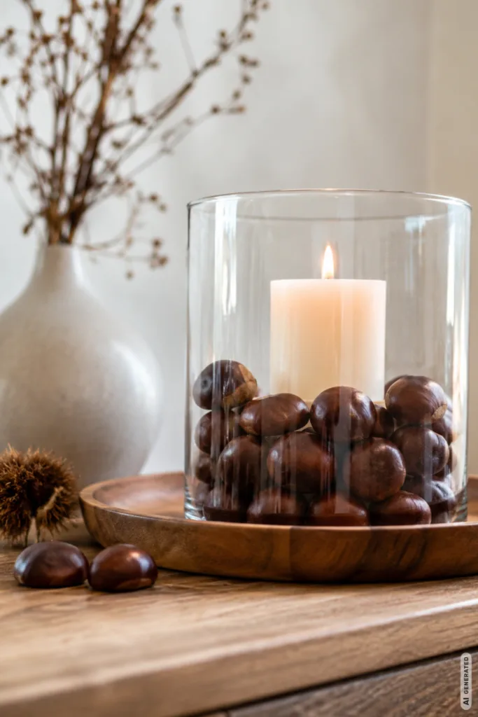 Herbstdeko mit Kastanien im Glas mit Kerze auf einem Holztisch.