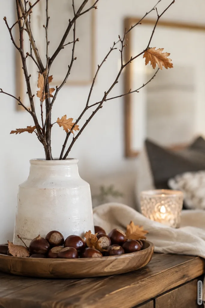 Herbstdeko mit Kastanien, Zweigen und Herbstlaub auf einem Holztisch im Wohnzimmer.