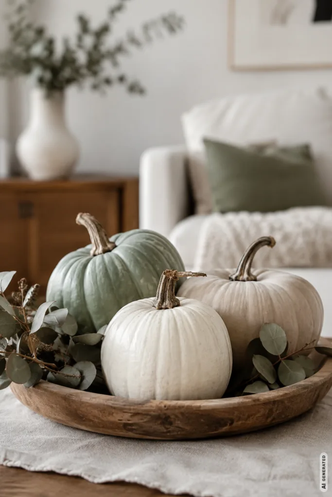 Moderne DIY Herbstdeko: 5 wunderschöne Ideen zum Selbermachen Moderne DIY Herbstdeko mit matten Kürbissen in Beige, Weiß und Grün auf einem Holztablett.