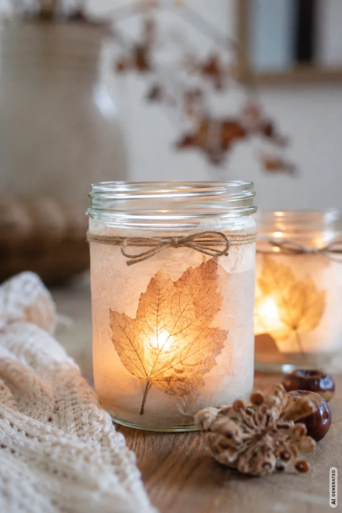 Moderne DIY Herbstdeko: 5 wunderschöne Ideen zum Selbermachen Moderne DIY Herbstdeko mit selbst gemachtem Windlicht aus Glas, Herbstblatt und Naturkordel.