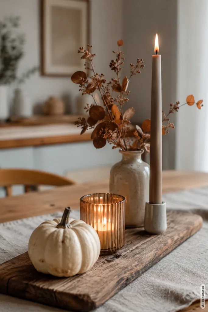 Moderne DIY Herbstdeko: 5 wunderschöne Ideen zum Selbermachen Moderne DIY Herbstdeko auf Holzbrett mit Kürbis, Kerzen und herbstlicher Vase auf dem Esstisch.