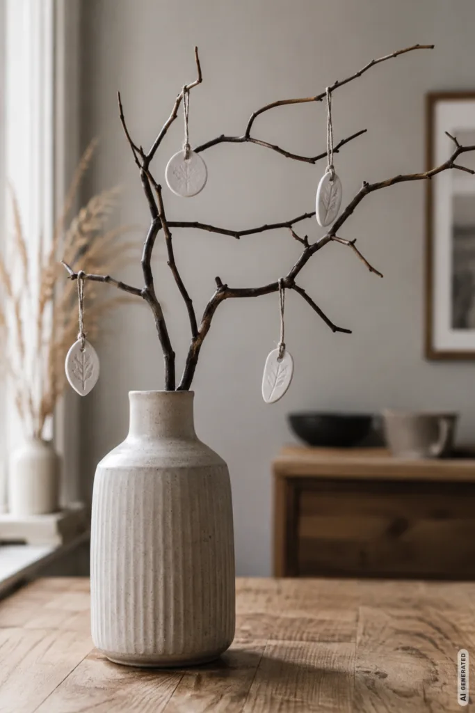Moderne DIY Herbstdeko: 5 wunderschöne Ideen zum Selbermachen Moderne DIY Herbstdeko mit Zweigen, heller Vase und selbst gemachten Anhängern im Wohnzimmer.