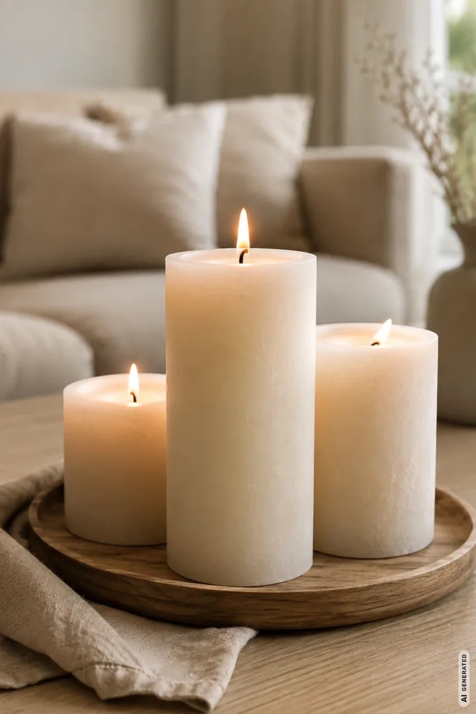 Moderne Herbstdeko mit Kerzen auf Holztablett im Wohnzimmer, drei Kerzen in verschiedenen Höhen.