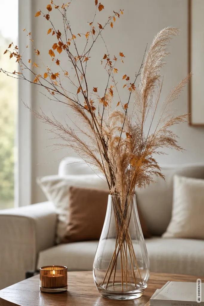Herbstdeko für den Wohnzimmertisch mit Vase, Zweigen und Gräsern in einem ruhigen, hellen Wohnzimmer.