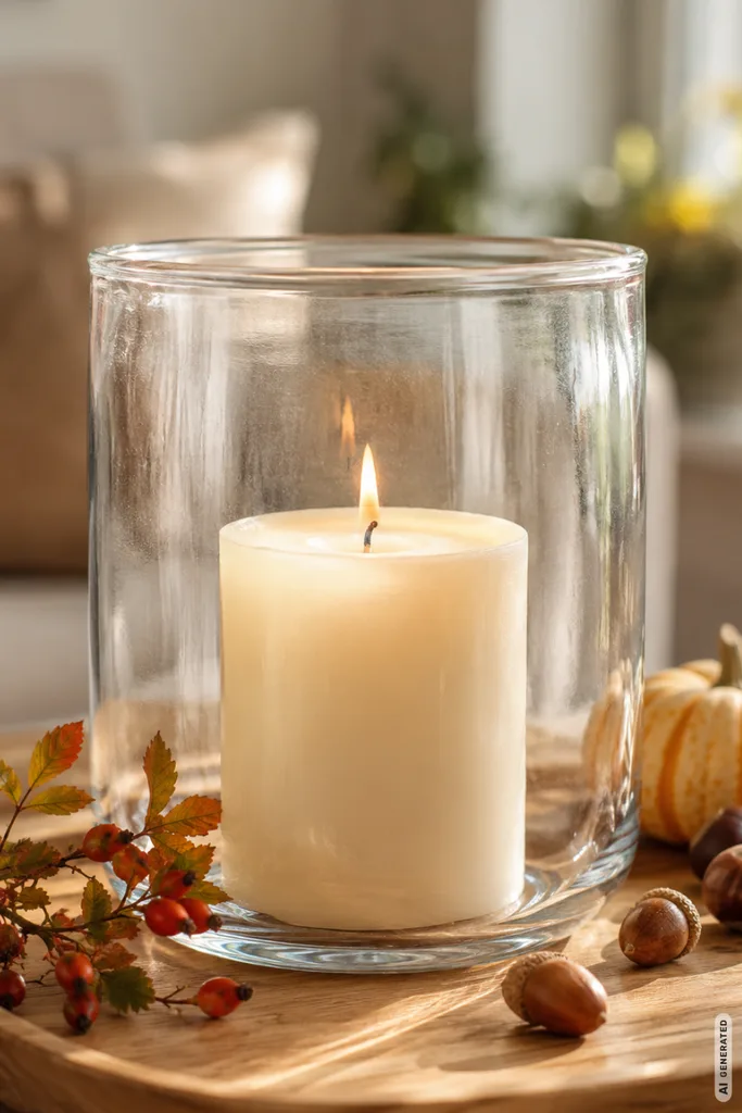 Moderne Herbstdeko mit Kerzen auf Holztablett mit Windlicht, Kürbis, Kastanien und Zweigen im Wohnzimmer.