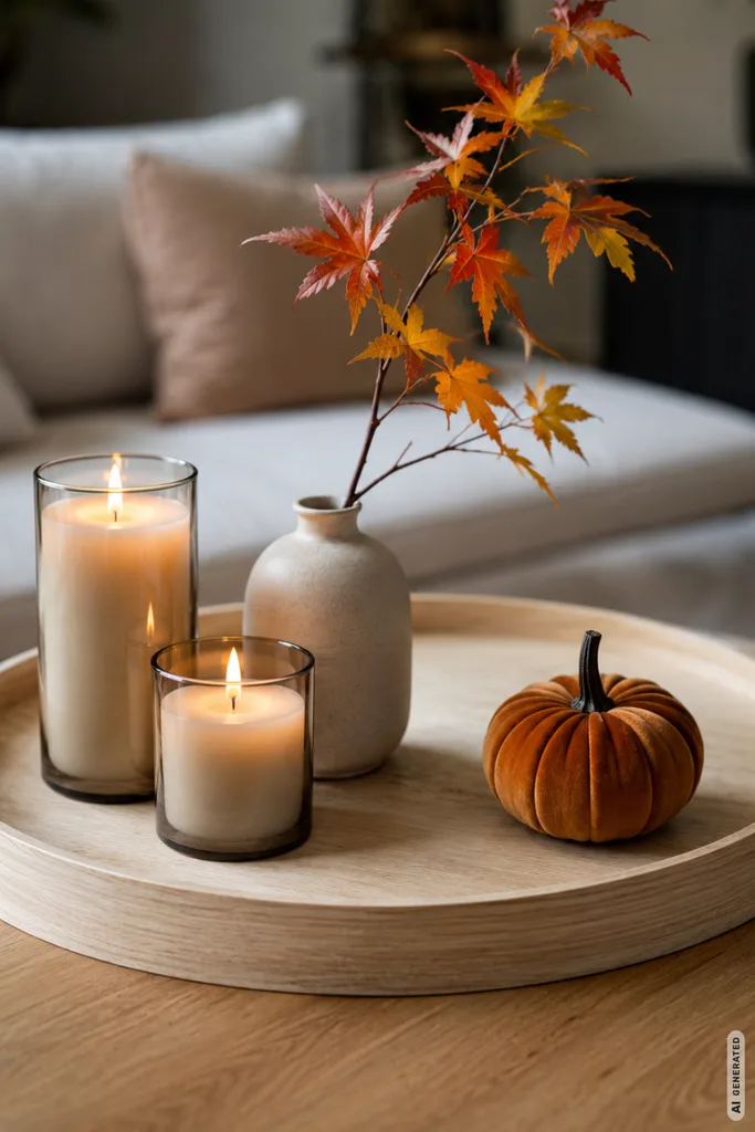 Moderne Herbstdeko mit Kerzen auf Holztablett mit Vase, Herbstzweig und Kürbis im ruhigen Wohnzimmer.