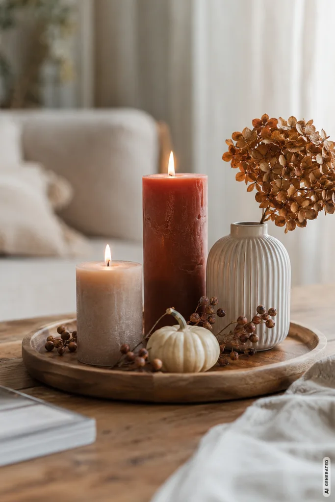 Moderne Herbstdeko mit Kerzen in Creme und Rostrot auf einem Holztablett mit herbstlichen Naturmaterialien.
