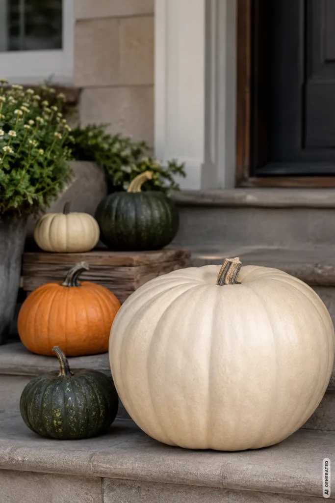 Moderne Herbstdeko auf Treppenstufen mit cremefarbenen, grünen und orangefarbenen Kürbissen am Hauseingang.