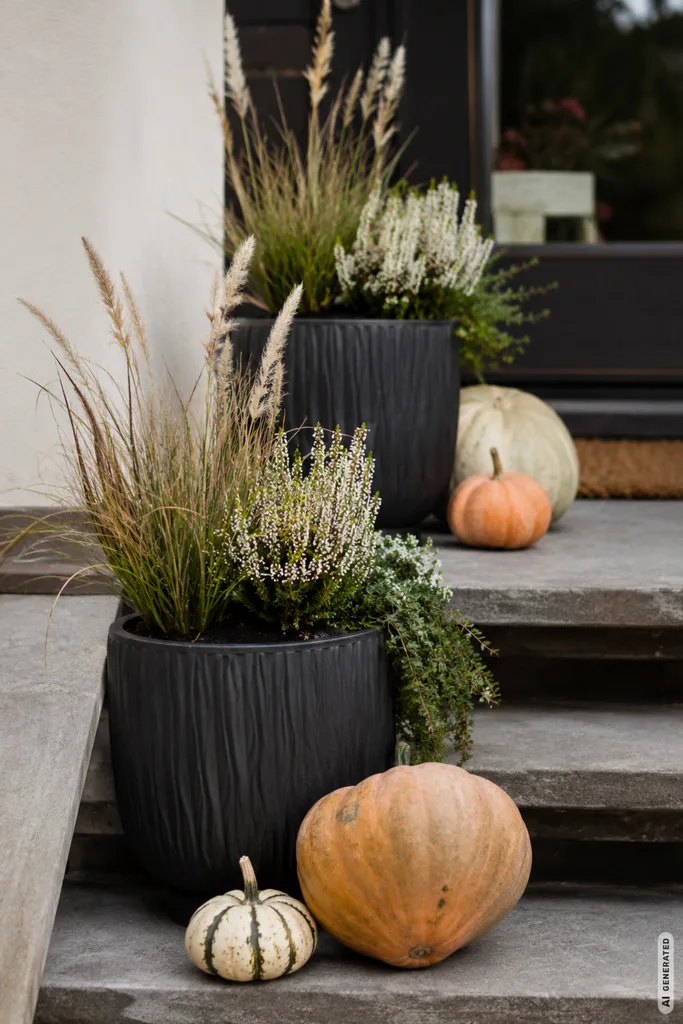Moderne Herbstdeko auf Treppenstufen mit Pflanzkübeln, Gräsern, Heide und Kürbissen am Hauseingang.