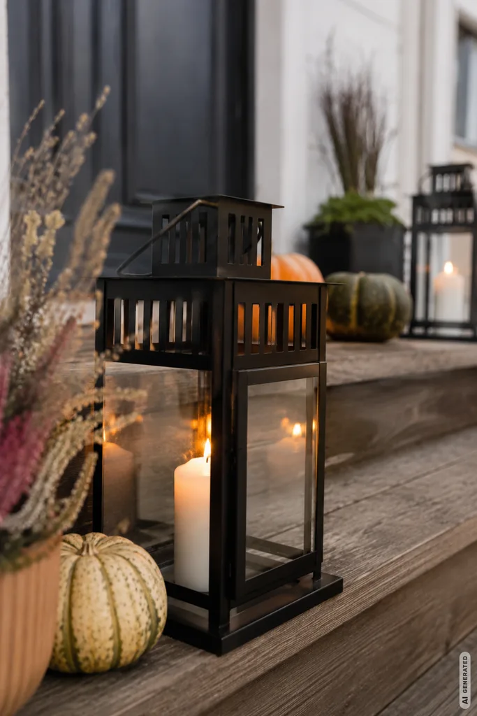 Moderne Herbstdeko auf Treppenstufen mit Laterne, Kürbissen und natürlichen Herbstmaterialien.
