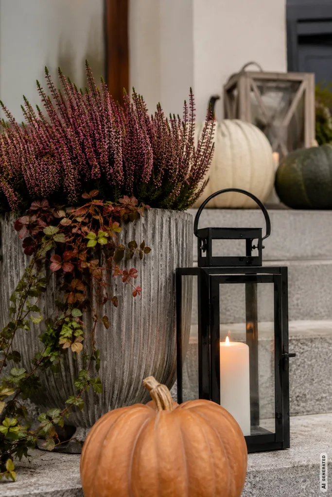 Moderne Herbstdeko auf Treppenstufen mit Kürbis, Laterne und bepflanztem Kübel am Hauseingang.