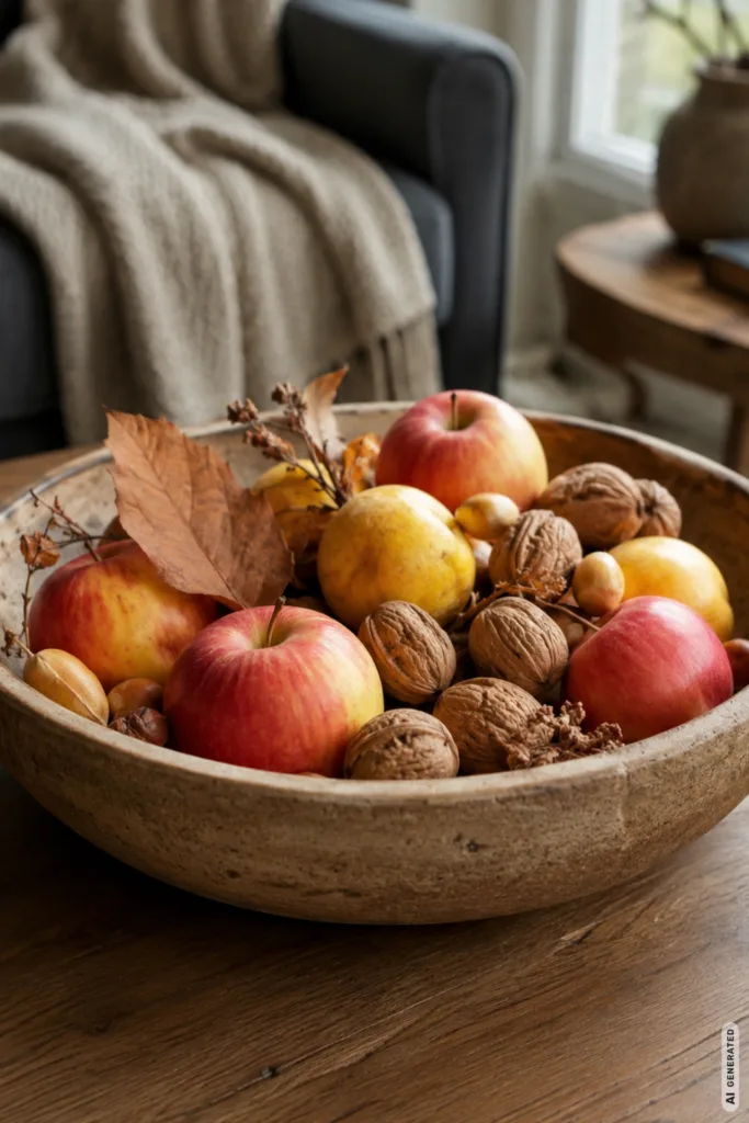 Herbstdeko für den Wohnzimmertisch mit Obstschale, Äpfeln, Nüssen und warmem Wohnambiente.