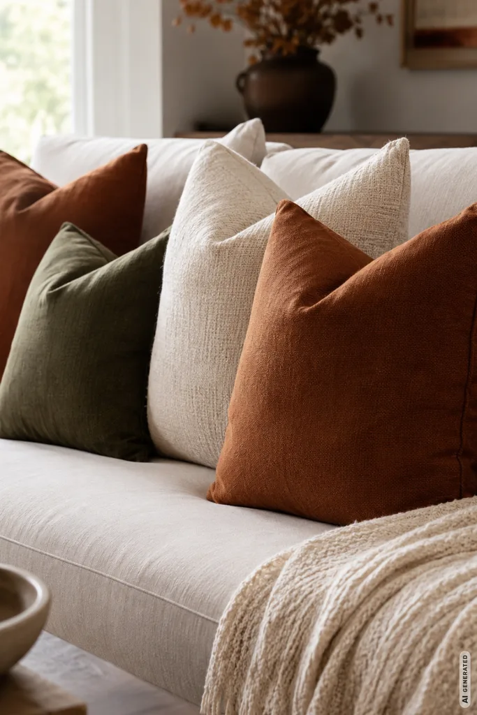 Herbstdeko fürs Sofa mit Kissen in Rost, Creme und Olivgrün auf einem hellen Sofa.