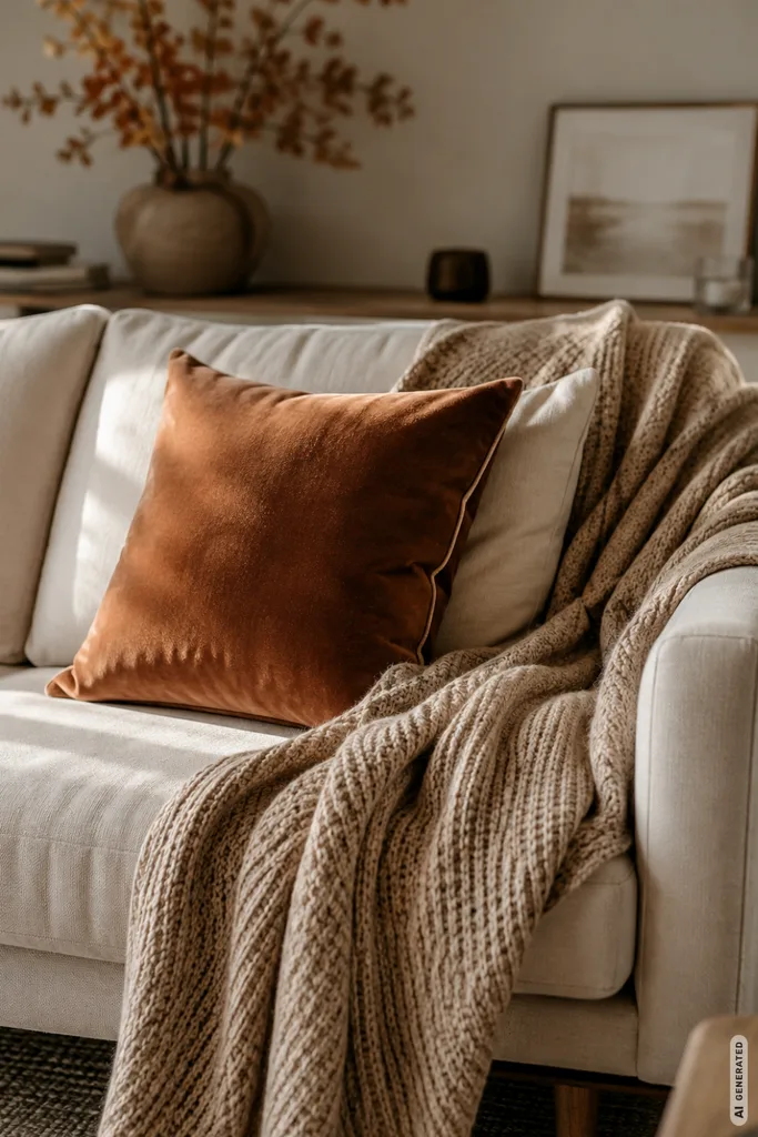 Herbstdeko fürs Sofa mit Strickdecke und warmen Kissen in natürlichen Herbstfarben.