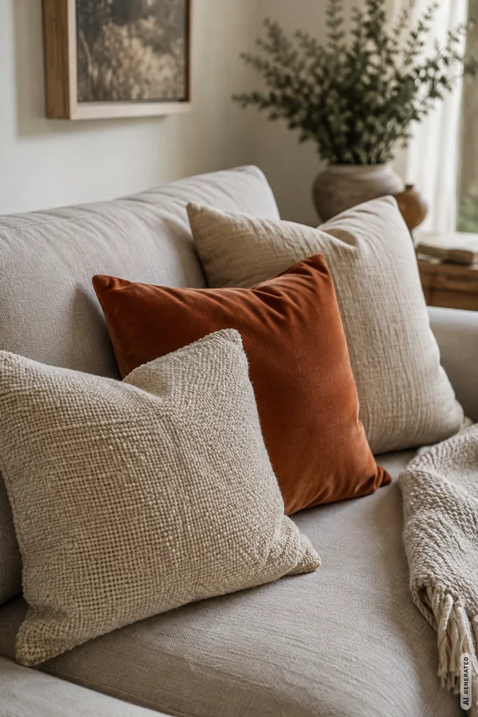 Herbstdeko fürs Sofa mit Kissen aus Samt, Leinen und Strukturstoff in warmen Herbstfarben.