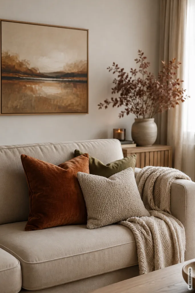 Herbstdeko fürs Sofa mit warmen Kissen, Decke und herbstlicher Wandgestaltung im Wohnzimmer.