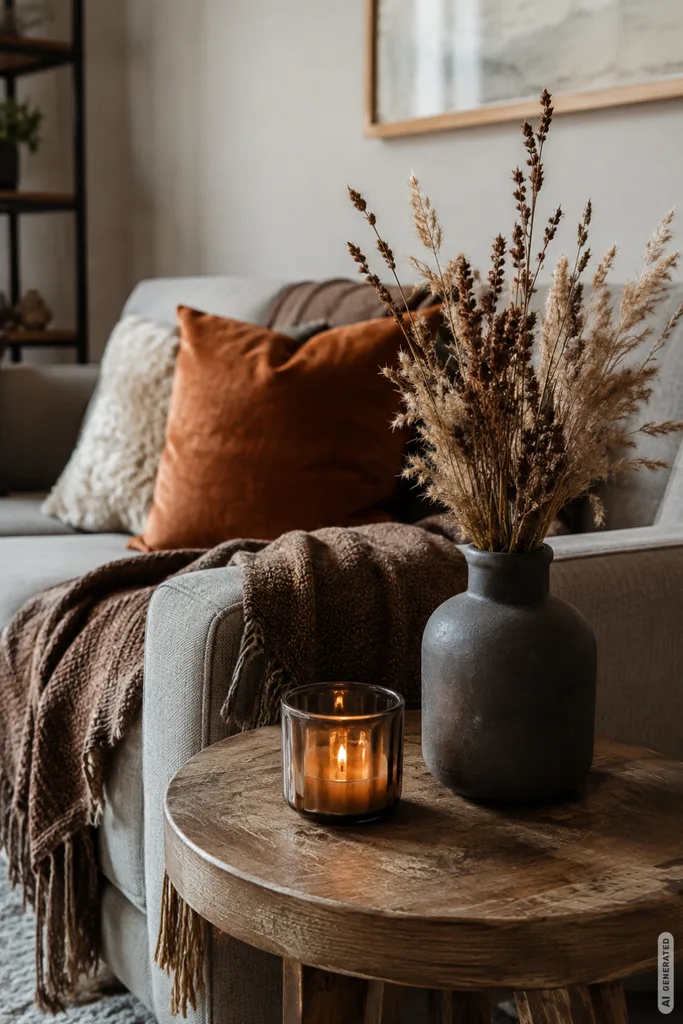 Herbstdeko fürs Sofa mit Vase, Gräsern und Windlicht auf Beistelltisch neben heller Sofaecke.