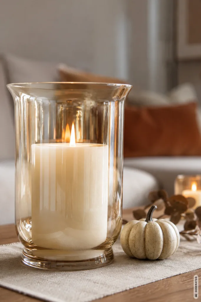 Herbstdeko für den Wohnzimmertisch mit Kerzenlicht, Glaswindlicht, kleinem Kürbis und warmem Herbstlook.
