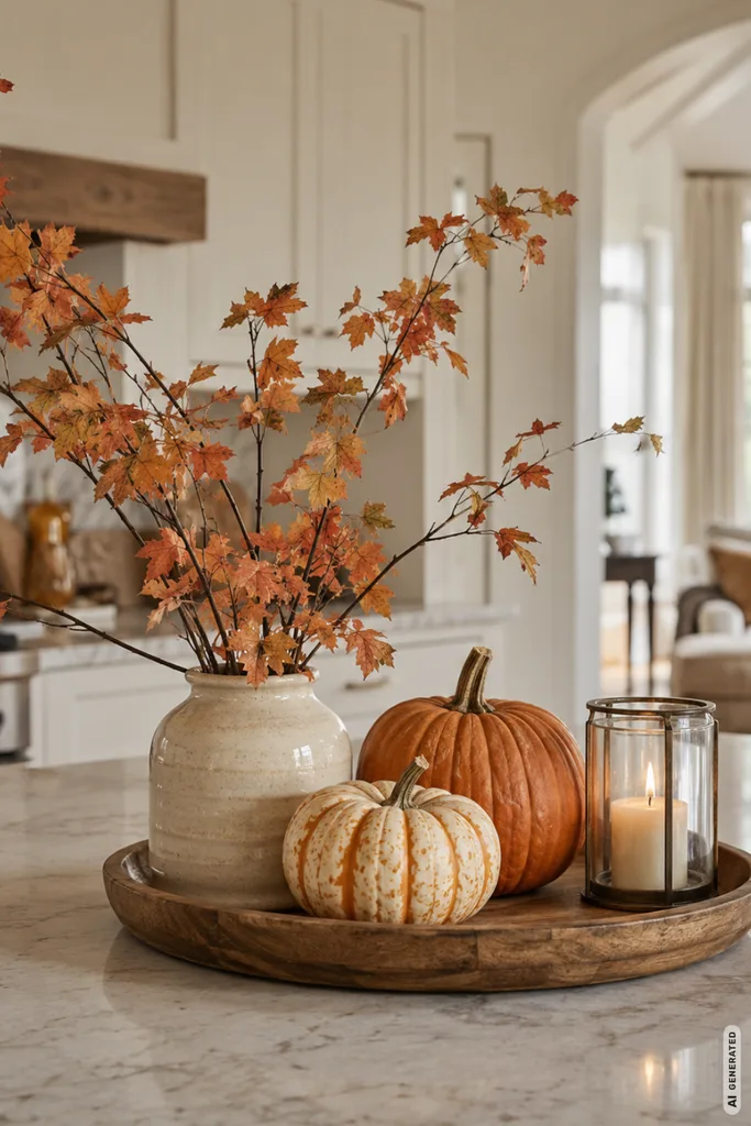 So wird die offene Küche herbstlich: 5 Ideen für einen modernen Look Herbstdeko für die offene Küche mit Kürbissen, Vase und Windlicht auf der Kücheninsel.