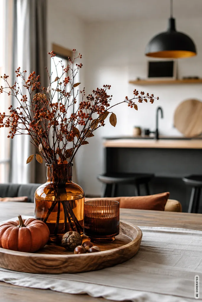 So wird die offene Küche herbstlich: 5 Ideen für einen modernen Look Herbstdeko für die offene Küche mit warmen Herbstfarben, Zweigen und Kürbis auf einem Holztisch.