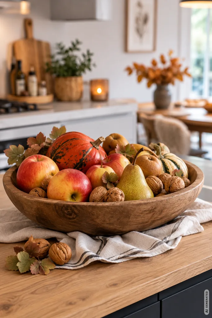 So wird die offene Küche herbstlich: 5 Ideen für einen modernen Look Herbstdeko für die offene Küche mit Äpfeln, Kürbissen und Walnüssen in einer rustikalen Holzschale.
