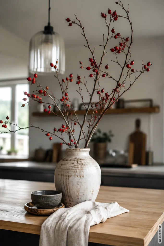 So wird die offene Küche herbstlich: 5 Ideen für einen modernen Look Herbstdeko für die offene Küche mit hoher Vase, roten Zweigen und natürlicher Dekoration.