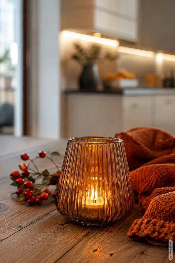 So wird die offene Küche herbstlich: 5 Ideen für einen modernen Look Herbstdeko für die offene Küche mit warmem Windlicht, Holz und herbstlichen Farben.